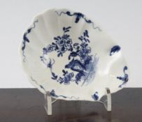 A Worcester `Two Peony Rock Bird` pattern shell shaped pickle dish, c.1755-1760, painted in