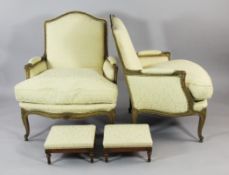 A pair of Louis XVI style giltwood armchairs, upholstered in yellow damask fabric, with scrolling