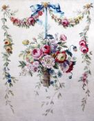 French Schooloil on canvas,Basket of flowers surrounded by festoons,29 x 22.75in., unframed