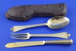 A matched late 17th/early 18th century German three piece travelling knife, fork and spoon set, the