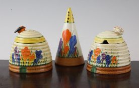 A Clarice Cliff Bizarre Autumn Crocus pattern sugar shaker and two similar preserve pots and