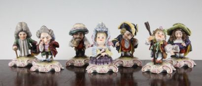 Seven Continental porcelain figures of Mansion House dwarves, c,1900, each in 18th century dress,