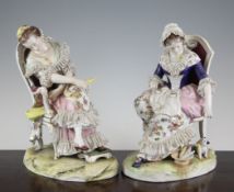 A pair of German porcelain crinoline figures, late 19th century, each modelled as a lady seated in