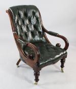 A Victorian mahogany and leather open armchair, with buttoned back and seat, scroll arms and turned