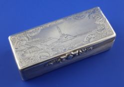 A 19th century French? silver snuff box, of rectangular form, with reeded body and lid engraved