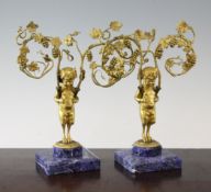 A pair of late 19th century ormolu fauns, each with a scrolling fruiting vine, on square blue lapis