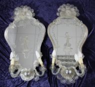 A pair of 20th century Venetian cartouche shaped girandoles, with flowerhead decorated glass