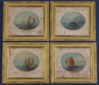 19th century Anglo Chinese School4 oils on wooden panels,Studies of junks on the South China sea,