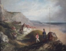 Early 19th Century English Schooloil on canvas,French guardsman on look out along the coast,11.5 x