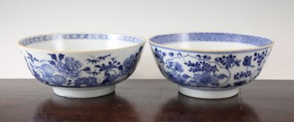 Two Chinese blue and white bowls, Qianlong period, both decorated with flowers, rockwork and