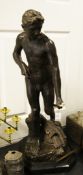 An early 20th century painted plaster figure of a classical male hunter, with bow and quiver of