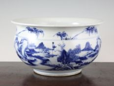 A Chinese blue and white censer, painted with pavilions in a river landscape, the frieze with