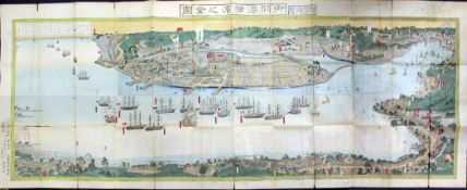Sadehide Hashimoto (1807-1873)woodblock case map,Complete panoramic view of the Open Yokohama