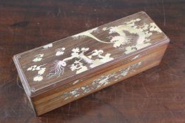 A Chinese rosewood and mother of pearl inlaid writing box, late 19th / early 20th century, the