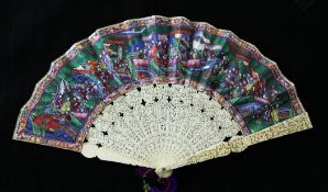 A Chinese export ivory and paper leaf fan, with lacquer box, the late 19th century, the guards to