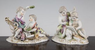 A pair of Berlin cherub groups, 19th century, emblematic of the Arts and Music, on gilt highlighted