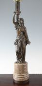 A late 19th century bronze figural table lamp, modelled as a classical maiden, on a circular marble