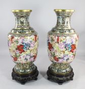 A pair of massive Chinese polychrome cloisonne enamel vases, modern, decorated with butteflies on a