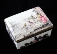 An 18th century South Staffordshire rectangular enamel snuff box, the lid painted with a country