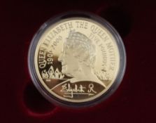 A cased Royal Mint limited edition Queen Mother Centenary Gold Proof (£5) Crown, with certificate,