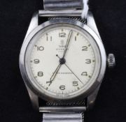 A gentleman`s 1950`s? stainless steel Tudor Oyster Royal manual wind wrist watch, with Arabic dial,