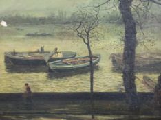 Cecil Gordon Lawson (1851-1882)oil on canvas,Barges along the Thames,signed,18 x 24in.