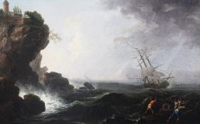 Circle of Claude Joseph Vernet (1714-1789)oil on canvas,Stormy coastal landscape with ship in