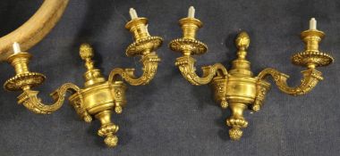 A pair of 20th century gilt metal twin branch wall lights, 14.5in.