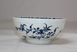 A Worcester `Feather Moulded Floral` pattern bowl, c.1755-1760, painted in underglaze blue with