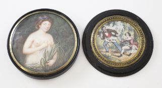 A 19th century circular tortoiseshell erotic snuff box, the lid painted with a miniature depicting