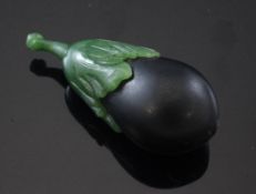 A Chinese Duan stone and spinach green jade snuff bottle, of egg plant form (aubergine), with