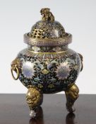 A Chinese cloisonne enamel and gilt bronze mounted ding censer and cover, late 19th century,