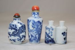 Three Chinese blue and white snuff bottles, 1830-1900, the first with figures in a landscape,