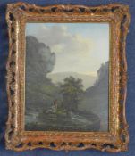 Circle of George Lambertoil on wooden panel,Anglers in a landscape,10.5 x 8in.