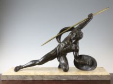 S. Melani. An Art Deco bronze figure of a classical warrior, holding a spear and shield, signed, on