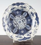 A Worcester `Kang Hsi Lotus` pattern petal shaped dish, c.1770, decorated in painted underglaze