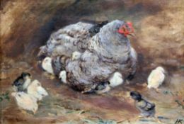 Helvig Kinchoil on canvas,Chicken, chicks and duckling,monogrammed,18 x 26in.