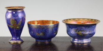 Three Wedgwood `humming bird` lustre vessels, designed by Daisy Makeig-Jones, the two bowls