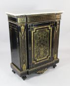 A Victorian ebonised and boulle inlaid breakfront side cabinet, with white marble top and ormolu