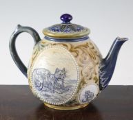 Hannah Barlow for Doulton Lambeth. A `cat and mouse` teapot, c.1890, decorated with two medallions