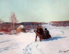 Andrei Afanasievich Egorov (1878-1954)gouache,Horse and sleigh in a snow covered field,signed,9 x