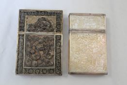 Two Chinese export card cases, 19th century, the first in mother of pearl with white metal bands,