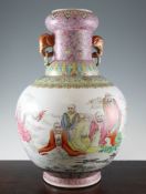 A large Chinese famille rose vase, Tongzhi seal mark but later, the bulbous body painted with the