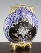 A Royal Worcester pate-sur-pate moon flask, dated 1875, decorated with a basket of flowers on a dark