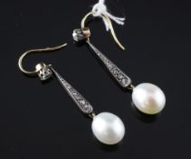 A pair of gold, cultured pearl and diamond set drop earrings, 1.5in.
