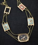 A 19th century gold and micro mosaic necklace, with triple chain links and five gold mounts, four