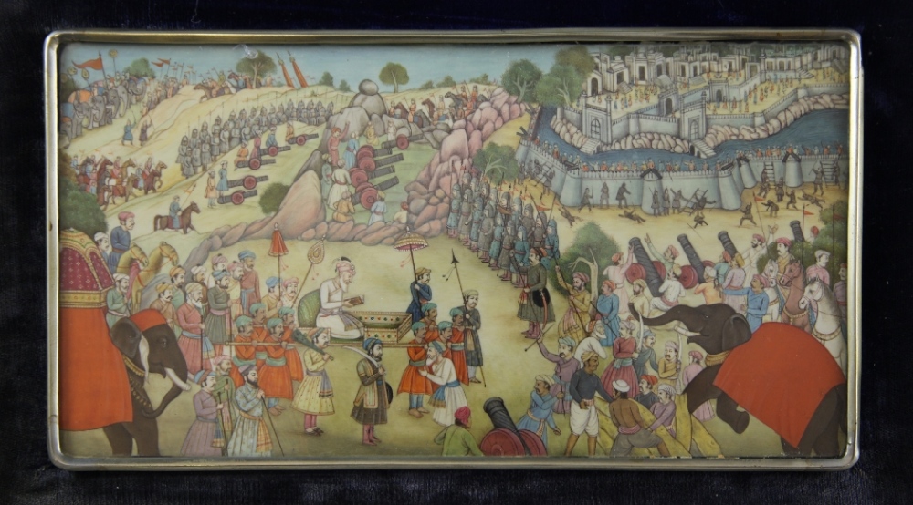 A 20th century Indian rectangular painted ivory panel, 10 x 5.5in., in original fitted case
