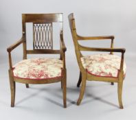 A pair of late 18th century French Directoire mahogany open armchairs, with pierced lattice backs