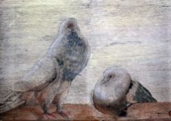 A Victorian silkwork panel depicting Pouter pigeons, 15.5 x 22in. in maple frame