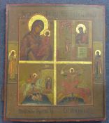 19th century Russian Schooltempera on wooden panel,Icon depicting the Virgin and Child and saints,